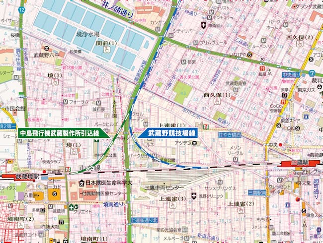 中島飛行機武蔵製作所引込線と中央本線支線(武蔵野競技場線)(筆)