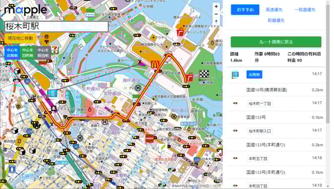 みなとみらい駅～赤レンガ倉庫までのルート検索（車）